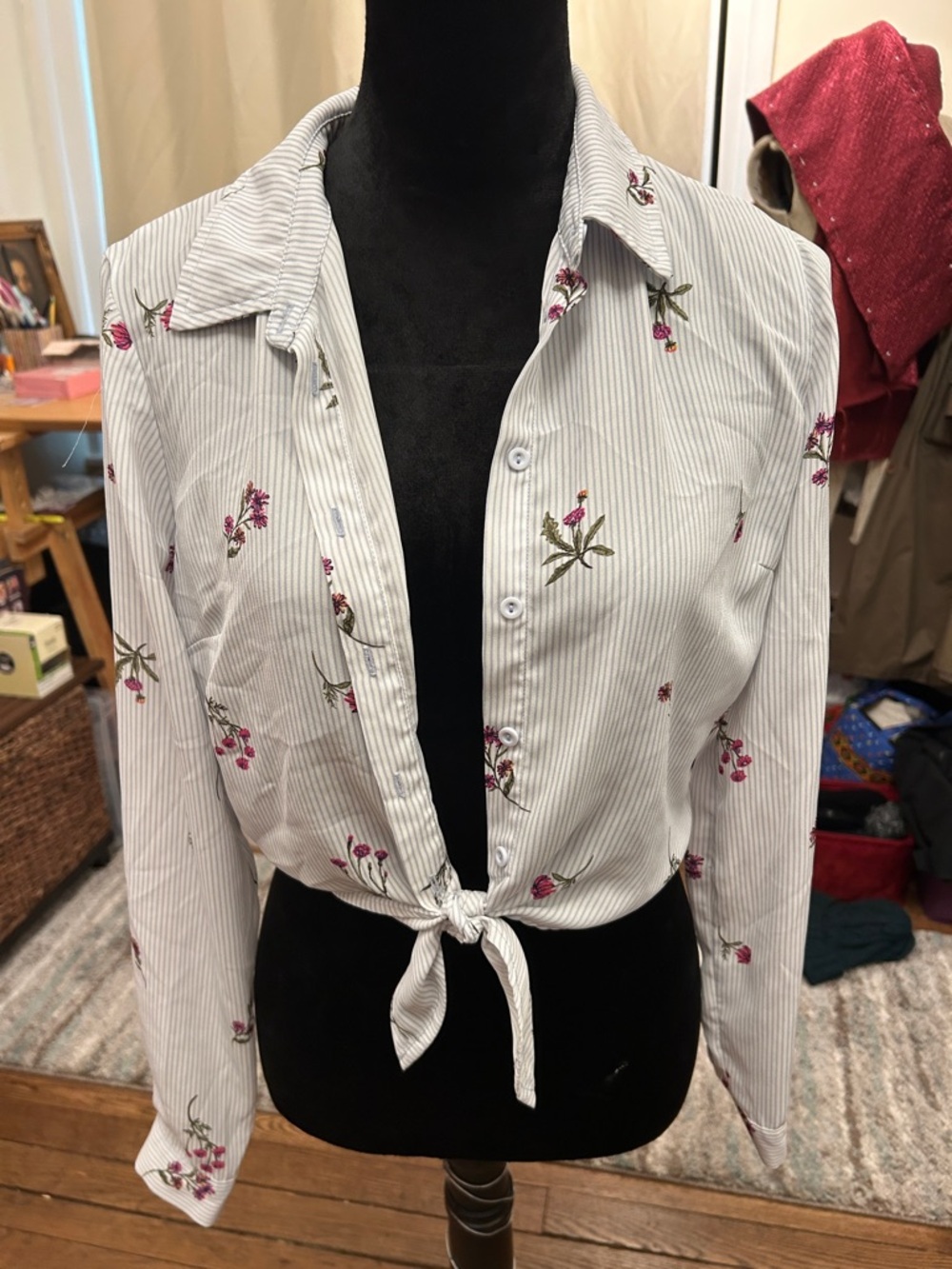 Tie-Front Floral Stripe Button-Up Blouse - White with Pink Floral